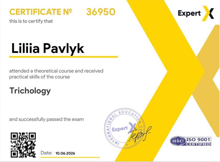 Trichology qualification certificate, no. 36950, dated 10 June 2026